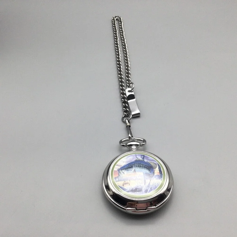 Al Agnew Bass Fish Pocket Watch Men 45mm Silver Tone Full Hunter New Battery